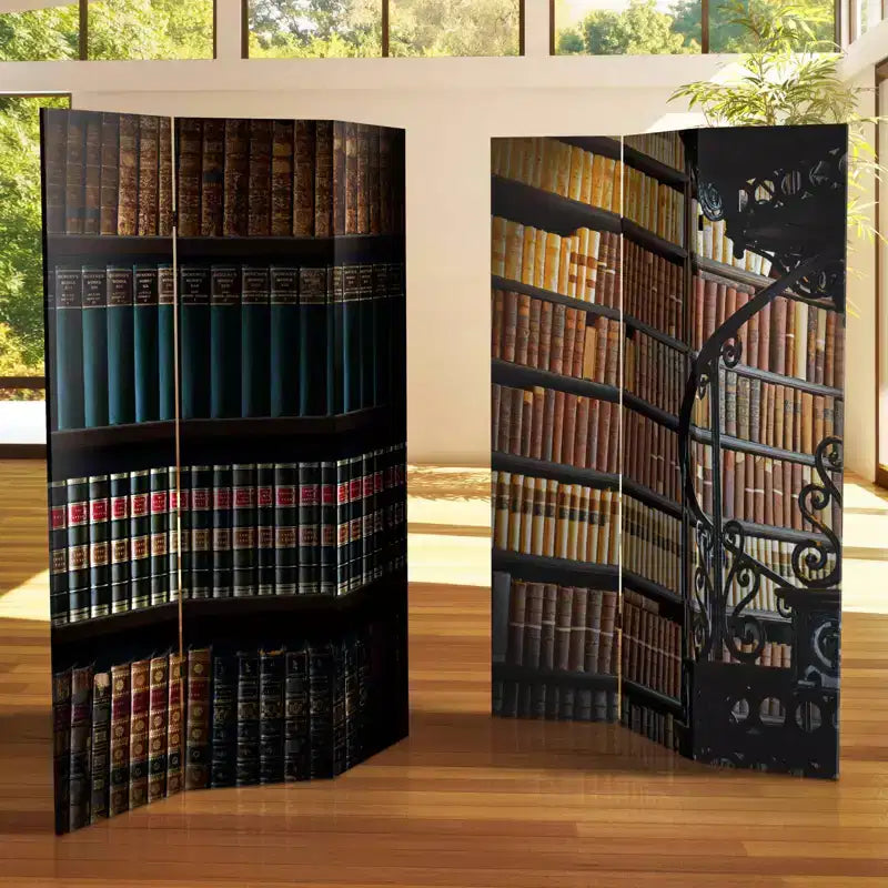 Paravent double face en toile, motif bibliothèque, 6 pouces, marron