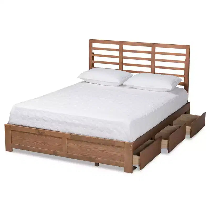 Lit plateforme de rangement Full Piera en bois moderne à 3 tiroirs Noyer/Brun