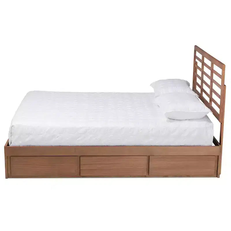 Lit plateforme de rangement Full Piera en bois moderne à 3 tiroirs Noyer/Brun