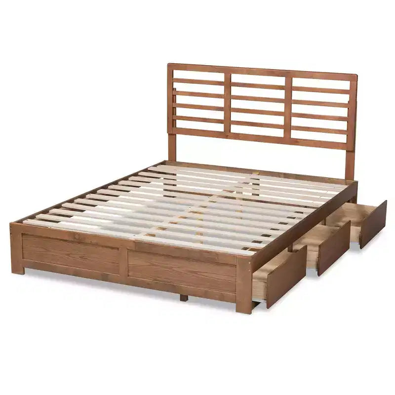 Lit plateforme de rangement Full Piera en bois moderne à 3 tiroirs Noyer/Brun