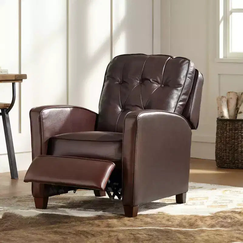Fauteuil inclinable en cuir véritable Livorno Chocolate, fauteuil moderne et confortable avec repose-pieds manuel inclinable, capitonné pour chambre et salon