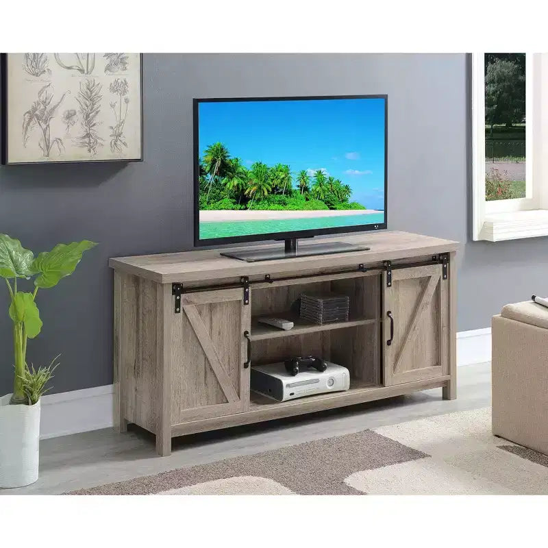 Meuble TV Blake avec portes de grange pour téléviseurs jusqu'à 55 pouces avec étagères et portes coulissantes