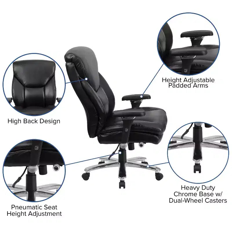Chaise de bureau ergonomique pivotante pour cadre, grande taille, usage intensif 24/7, série HERCULES, capacité de 180 kg, dossier haut avec bouton lombaire et grand appuie-tête triangulaire