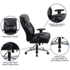Chaise de bureau ergonomique pivotante pour cadre, grande taille, usage intensif 24/7, série HERCULES, capacité de 180 kg, dossier haut avec bouton lombaire et grand appuie-tête triangulaire