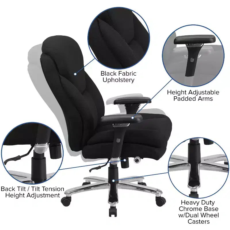 Chaise de bureau ergonomique pivotante pour cadre, grande taille, usage intensif 24/7, série HERCULES, capacité de 180 kg, dossier haut avec bouton lombaire et grand appuie-tête triangulaire
