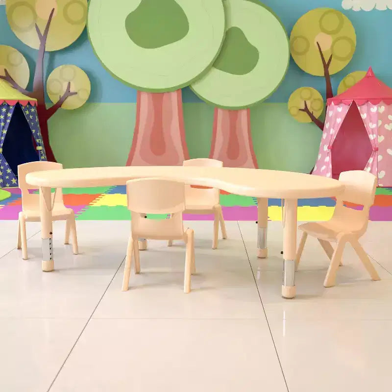 Ensemble table d'activité demi-lune en plastique, 35 po x 65 po, à hauteur réglable avec 4 chaises