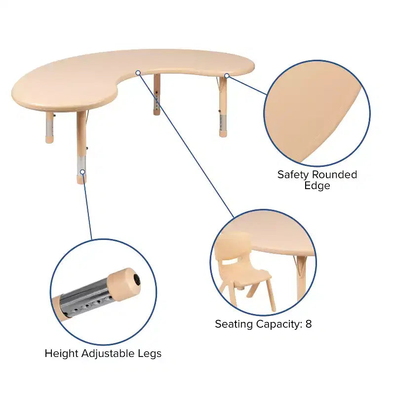 Ensemble table d'activité demi-lune en plastique, 35 po x 65 po, à hauteur réglable avec 4 chaises