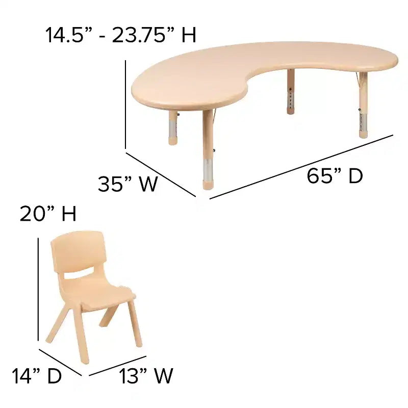 Ensemble table d'activité demi-lune en plastique, 35 po x 65 po, à hauteur réglable avec 4 chaises