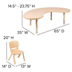 Ensemble table d'activité demi-lune en plastique, 35 po x 65 po, à hauteur réglable avec 4 chaises