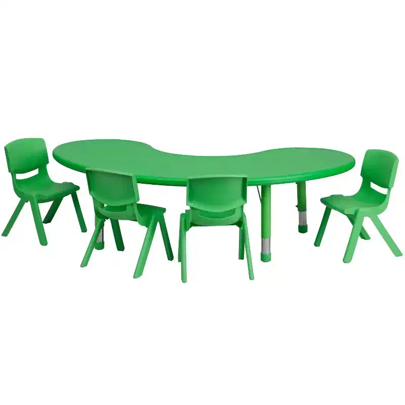 Ensemble table d'activité demi-lune en plastique, 35 po x 65 po, à hauteur réglable avec 4 chaises
