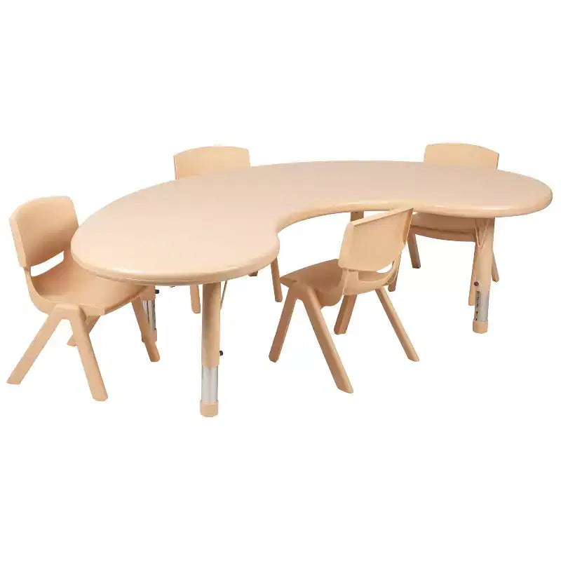 Ensemble table d'activité demi-lune en plastique, 35 po x 65 po, à hauteur réglable avec 4 chaises