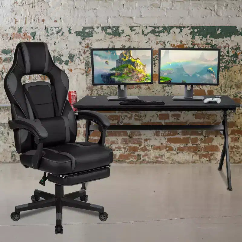 Bureau de jeu avec porte-gobelet/crochet pour casque/tapis de souris amovible et chaise de jeu inclinable avec repose-pieds