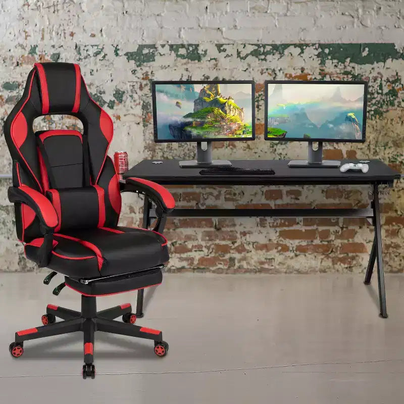 Bureau de jeu avec porte-gobelet/crochet pour casque/tapis de souris amovible et chaise de jeu inclinable avec repose-pieds