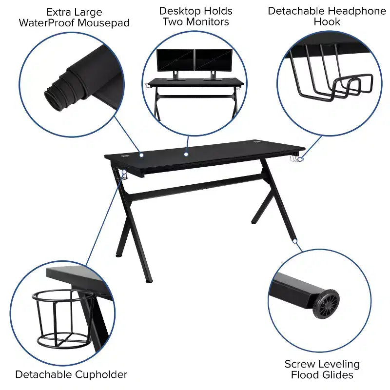 Bureau de jeu avec porte-gobelet/crochet pour casque/tapis de souris amovible et chaise de jeu inclinable avec repose-pieds