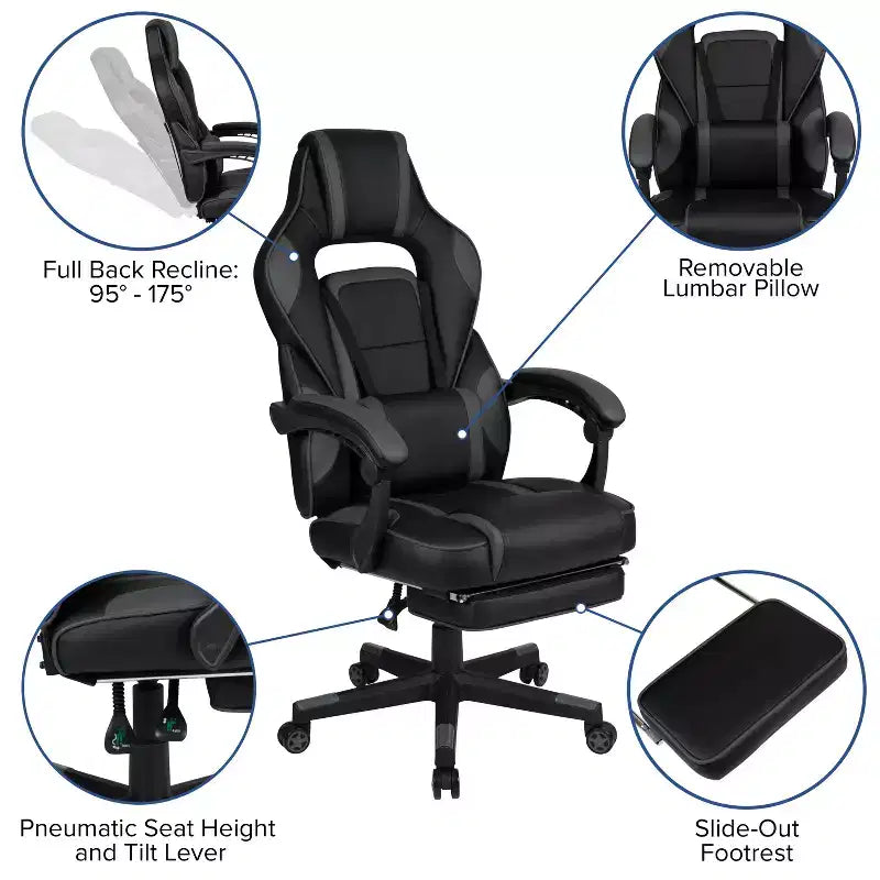 Bureau de jeu avec porte-gobelet/crochet pour casque/tapis de souris amovible et chaise de jeu inclinable avec repose-pieds