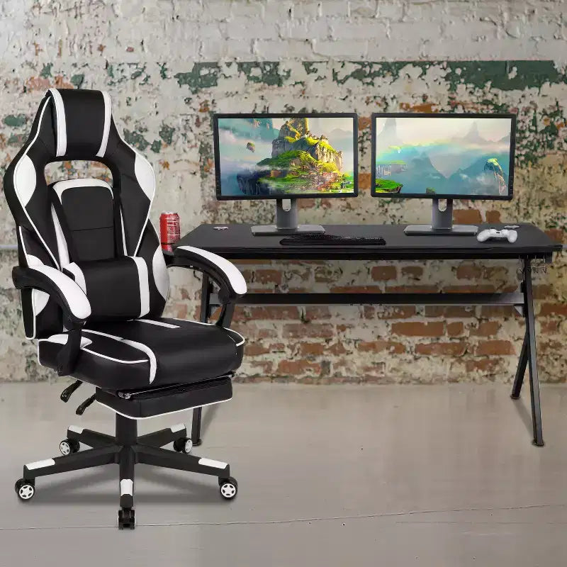 Bureau de jeu avec porte-gobelet/crochet pour casque/tapis de souris amovible et chaise de jeu inclinable avec repose-pieds