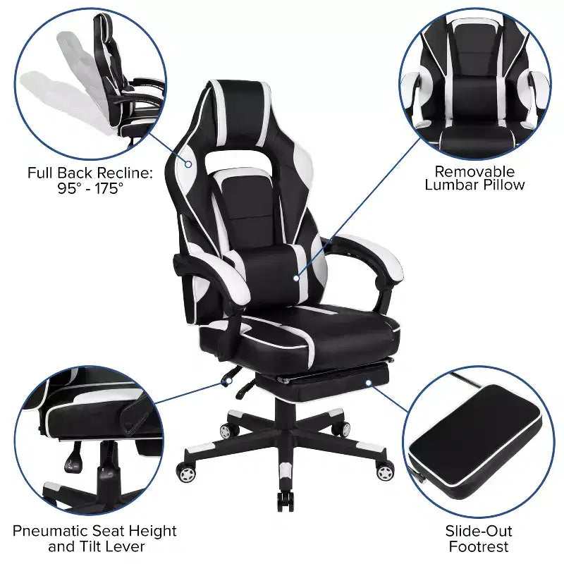 Bureau de jeu avec porte-gobelet/crochet pour casque/tapis de souris amovible et chaise de jeu inclinable avec repose-pieds