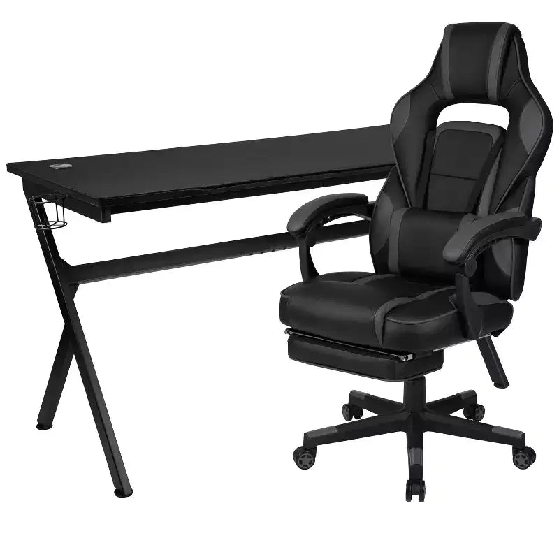 Bureau de jeu avec porte-gobelet/crochet pour casque/tapis de souris amovible et chaise de jeu inclinable avec repose-pieds