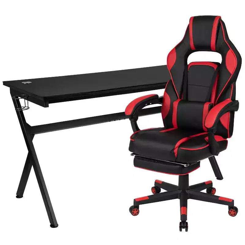 Flash Furniture Gaming Desk with Cup Holder/Headphone Hook/Removable Mousepad Top & Reclining Back/Arms Gaming Chair with Footrest