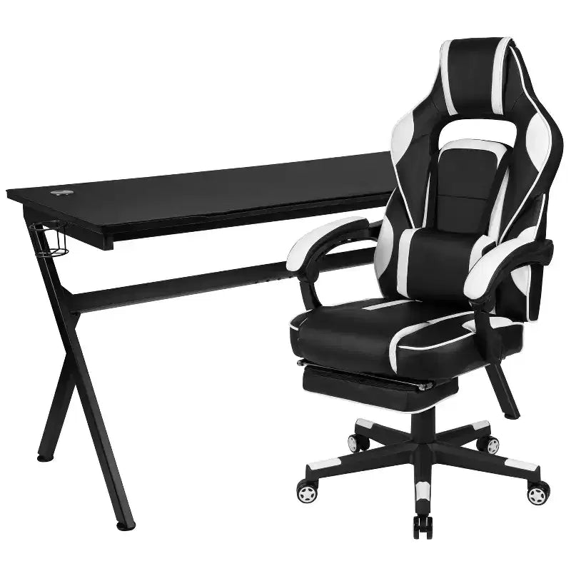 Bureau de jeu avec porte-gobelet/crochet pour casque/tapis de souris amovible et chaise de jeu inclinable avec repose-pieds