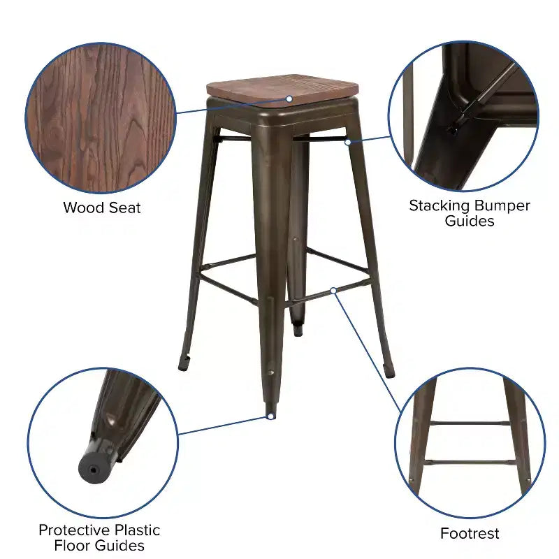 Tabouret de bar d'intérieur 30 po en métal avec assise en bois - Empilable