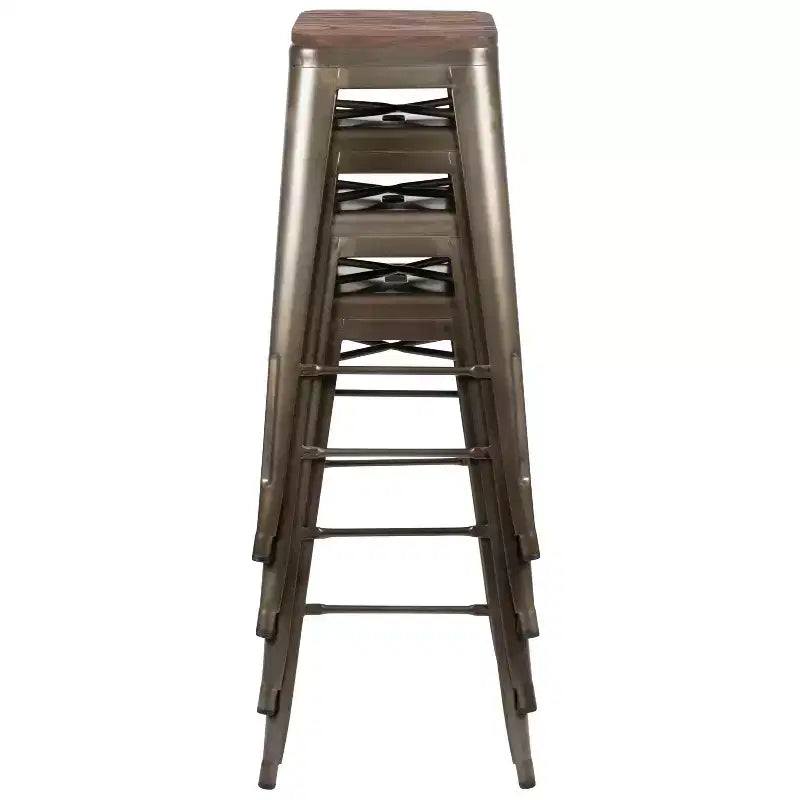 Tabouret de bar d'intérieur 30 po en métal avec assise en bois - Empilable
