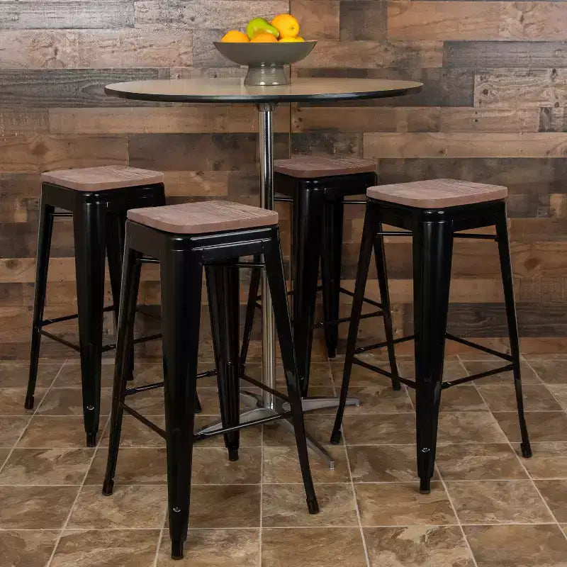 Tabouret de bar d'intérieur 30 po en métal avec assise en bois - Empilable