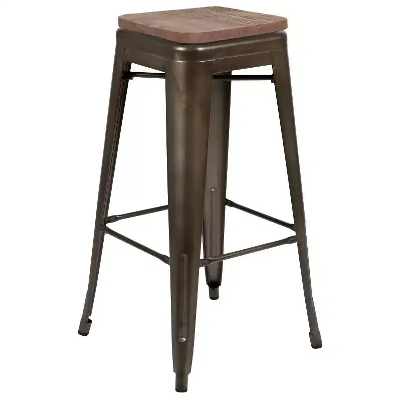 Tabouret de bar d'intérieur 30 po en métal avec assise en bois - Empilable