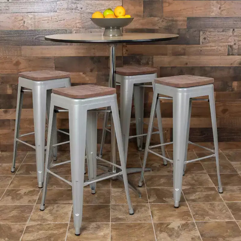 Tabouret de bar d'intérieur 30 po en métal avec assise en bois - Empilable