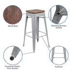 Tabouret de bar d'intérieur 30 po en métal avec assise en bois - Empilable