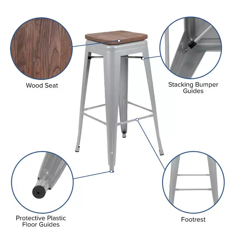 Tabouret de bar d'intérieur 30 po en métal avec assise en bois - Empilable