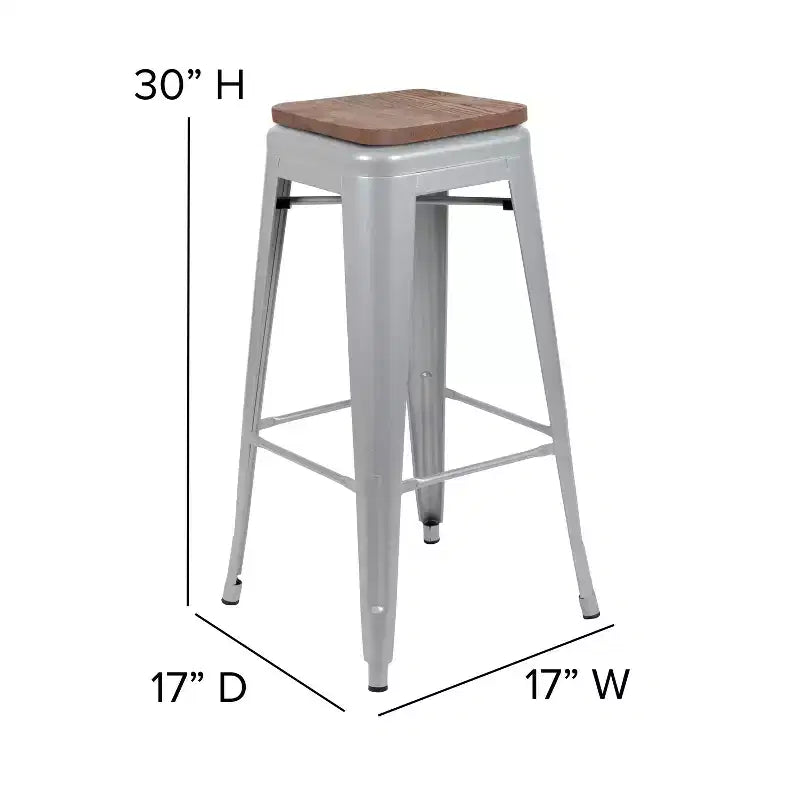 Tabouret de bar d'intérieur 30 po en métal avec assise en bois - Empilable
