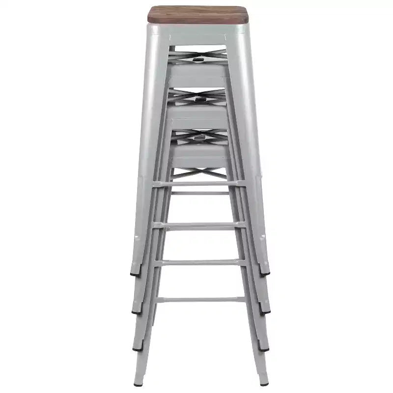 Tabouret de bar d'intérieur 30 po en métal avec assise en bois - Empilable