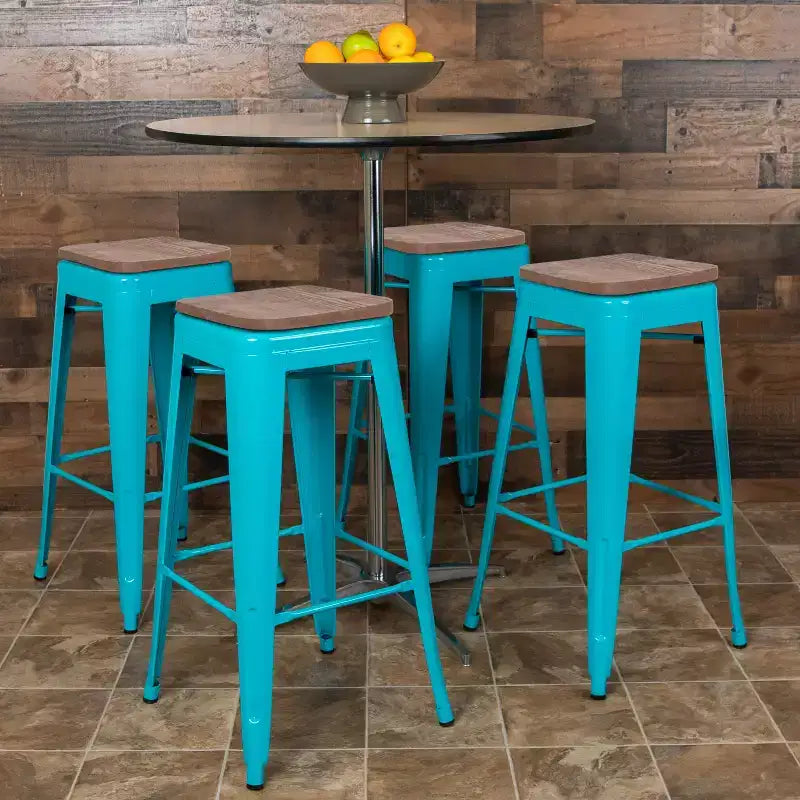 Tabouret de bar d'intérieur 30 po en métal avec assise en bois - Empilable