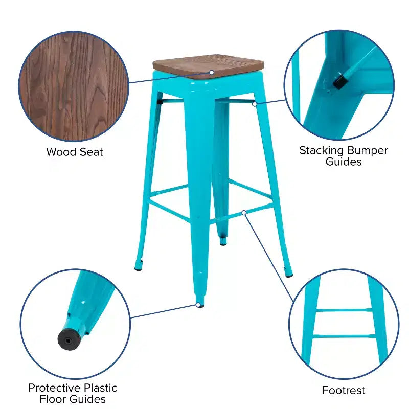 Tabouret de bar d'intérieur 30 po en métal avec assise en bois - Empilable