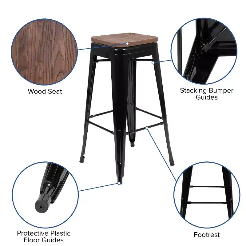 Tabouret de bar d'intérieur 30 po en métal avec assise en bois - Empilable