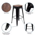 Tabouret de bar d'intérieur 30 po en métal avec assise en bois - Empilable
