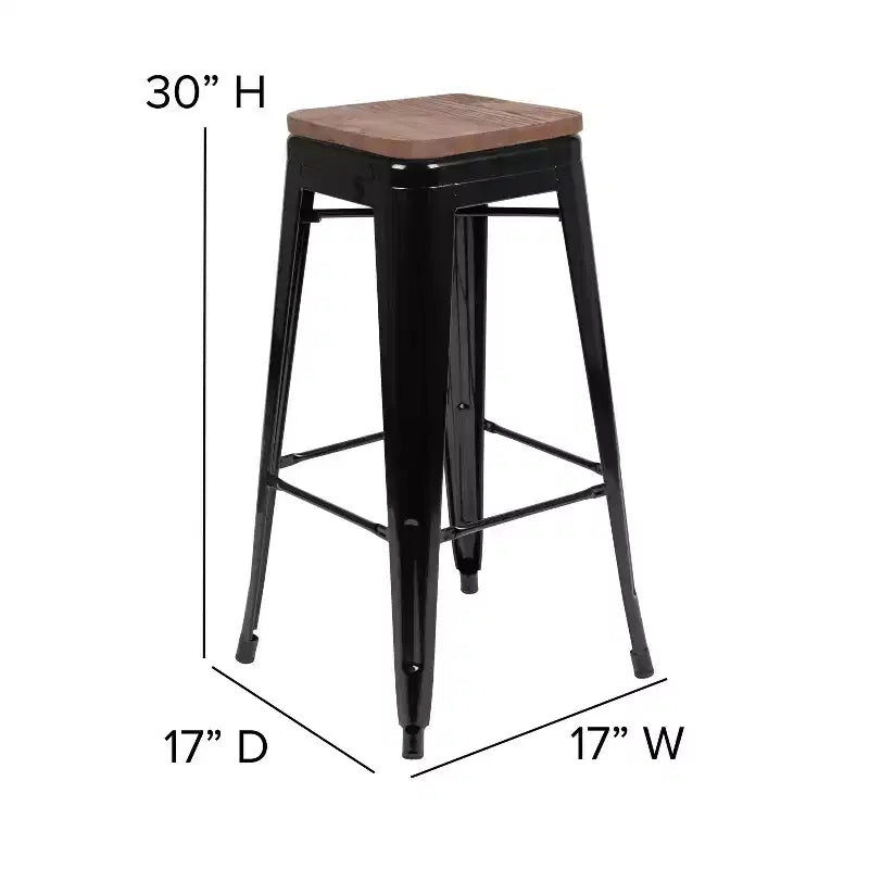 Tabouret de bar d'intérieur 30 po en métal avec assise en bois - Empilable