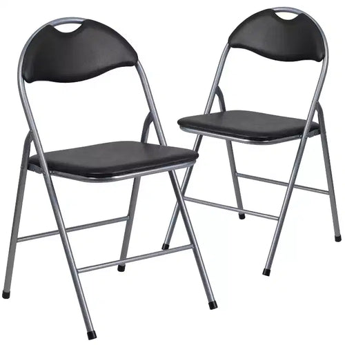 Emma and Oliver 2 Pack Black Vinyl Metal Folding Chair with Carrying Handle
