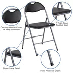 Lot de 2 chaises pliantes en métal et vinyle noir avec poignée de transport