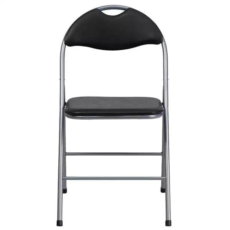 Lot de 2 chaises pliantes en métal et vinyle noir avec poignée de transport