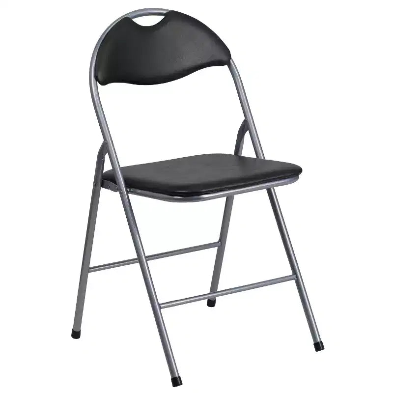 Lot de 2 chaises pliantes en métal et vinyle noir avec poignée de transport