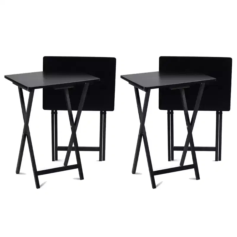PJ Wood Conventional Solid and Sturdy Wood Construction Portable Folding TV Snack Tray Table Desk Serving Stand, Black (4-Piece Set)