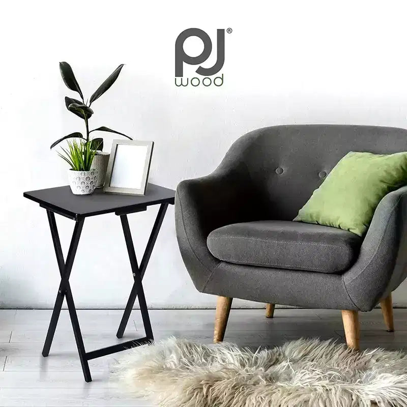 Plateau de service pliable et portable pour télévision, construction en bois massif et robuste, couleur noire (lot de 4)