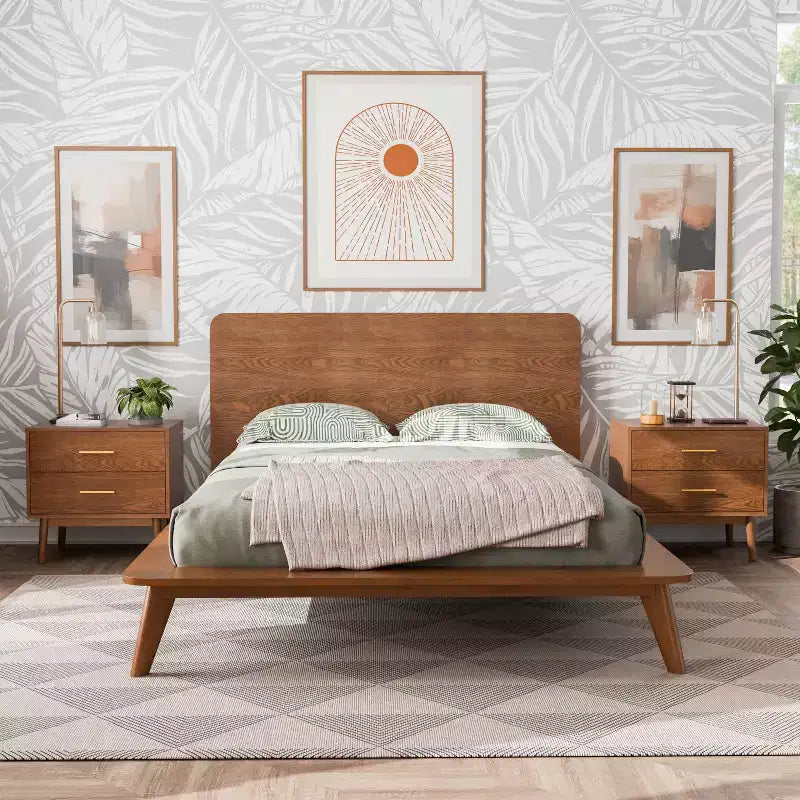 Ensemble de chambre à coucher 3 pièces Riverstone de style moderne du milieu du siècle en bois avec 2 tables de chevet - Noyer