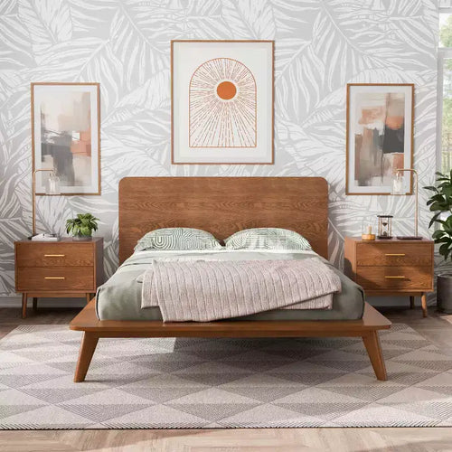 Ensemble de chambre à coucher 3 pièces Riverstone de style moderne du milieu du siècle en bois avec 2 tables de chevet - Noyer